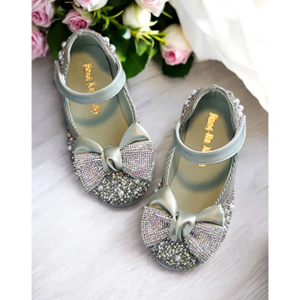 Girls' Glitter Bow Mary Jane Shoes – Sparkly Rhinestone Flower Girl Flats for Parties & Weddings