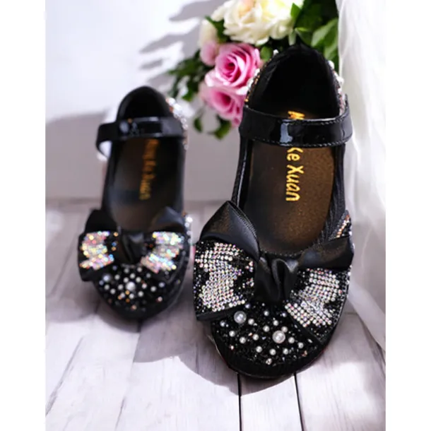 Girls' Glitter Bow Mary Jane Shoes – Sparkly Rhinestone Flower Girl Flats for Parties & Weddings