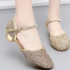 Girls' Glitter Silver Ballroom Dance Shoes – Low Heel Princess Party Shoes with Rhinestone Ankle Strap for Weddings & Performances