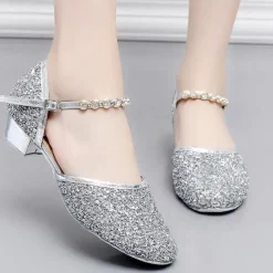 Girls' Glitter Silver Ballroom Dance Shoes – Low Heel Princess Party Shoes with Rhinestone Ankle Strap for Weddings & Performances