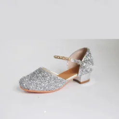 Girls' Glitter Silver Ballroom Dance Shoes – Low Heel Princess Party Shoes with Rhinestone Ankle Strap for Weddings & Performances