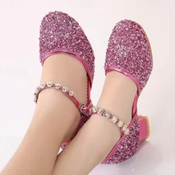 Girls' Glitter Silver Ballroom Dance Shoes – Low Heel Princess Party Shoes with Rhinestone Ankle Strap for Weddings & Performances