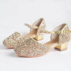Girls' Glitter Silver Ballroom Dance Shoes – Low Heel Princess Party Shoes with Rhinestone Ankle Strap for Weddings & Performances