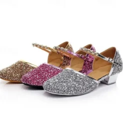 Girls' Glitter Silver Ballroom Dance Shoes – Low Heel Princess Party Shoes with Rhinestone Ankle Strap for Weddings & Performances