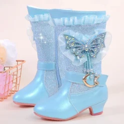Girls' Glitter Winter Boots with Faux Fur Lining - Blue Mid-Calf Design Featuring Butterfly Rhinestone Decor and Side Zipper Closure