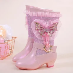 Girls' Glitter Winter Boots with Faux Fur Lining - Blue Mid-Calf Design Featuring Butterfly Rhinestone Decor and Side Zipper Closure