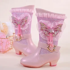 Girls' Glitter Winter Boots with Faux Fur Lining - Blue Mid-Calf Design Featuring Butterfly Rhinestone Decor and Side Zipper Closure