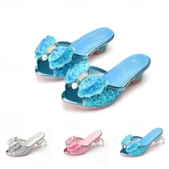 Girls' Glittery Pink Open-Toe Princess Heels with Bow and Pearl Details - Perfect for Parties and Dress-Up
