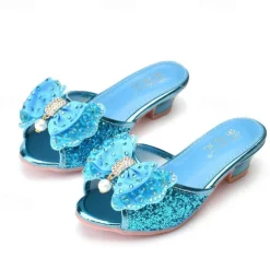 Girls' Glittery Pink Open-Toe Princess Heels with Bow and Pearl Details - Perfect for Parties and Dress-Up