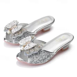 Girls' Glittery Pink Open-Toe Princess Heels with Bow and Pearl Details - Perfect for Parties and Dress-Up