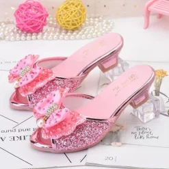 Girls' Glittery Pink Open-Toe Princess Heels with Bow and Pearl Details - Perfect for Parties and Dress-Up