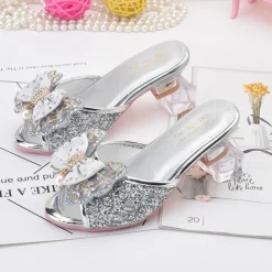 Girls' Glittery Pink Open-Toe Princess Heels with Bow and Pearl Details - Perfect for Parties and Dress-Up