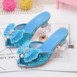 Girls' Glittery Pink Open-Toe Princess Heels with Bow and Pearl Details - Perfect for Parties and Dress-Up