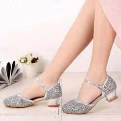 Girls' Gold Glitter Dance Shoes – Low Block Heel, Mary Jane Strap Design, Perfect for Ballroom, Latin, and Party Performances