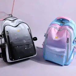 Girls Gradient Princess Backpack – Cute Waterproof School Bag with Crown Zippers and Star Print, Lightweight Bookbag for Elementary and Middle School