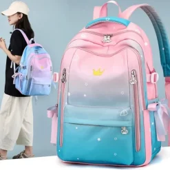 Girls Gradient Princess Backpack – Cute Waterproof School Bag with Crown Zippers and Star Print, Lightweight Bookbag for Elementary and Middle School