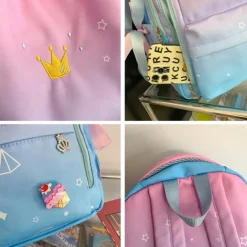 Girls Gradient Princess Backpack – Cute Waterproof School Bag with Crown Zippers and Star Print, Lightweight Bookbag for Elementary and Middle School