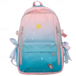 Girls Gradient Princess Backpack – Cute Waterproof School Bag with Crown Zippers and Star Print, Lightweight Bookbag for Elementary and Middle School