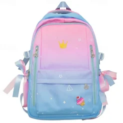 Girls Gradient Princess Backpack – Cute Waterproof School Bag with Crown Zippers and Star Print, Lightweight Bookbag for Elementary and Middle School