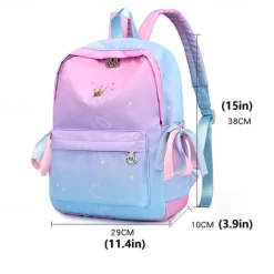 Girls Gradient Princess Backpack – Cute Waterproof School Bag with Crown Zippers and Star Print, Lightweight Bookbag for Elementary and Middle School