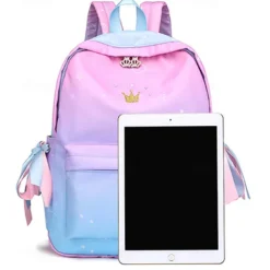 Girls Gradient Princess Backpack – Cute Waterproof School Bag with Crown Zippers and Star Print, Lightweight Bookbag for Elementary and Middle School