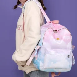 Girls Gradient Princess Backpack – Cute Waterproof School Bag with Crown Zippers and Star Print, Lightweight Bookbag for Elementary and Middle School