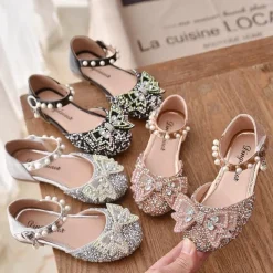 Girls' Heels Daily Glitters Dress Shoes Heel Glitter PU Cosplay Big Kids(7years +) Little Kids(4-7ys) Wedding Party Gift Walking Shoes Dancing Bowknot Pearl Buckle Silver Black Pink Spring Summer