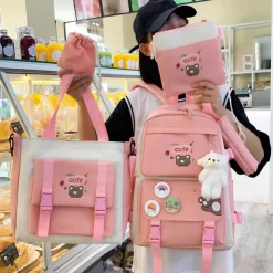 Girls 5-in-1 Cute Bear Backpack Set – Pink School Bag with Tote, Crossbody Pouch, Drawstring Bag and Pencil Case for Elementary and Middle School Students