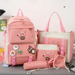 Girls 5-in-1 Cute Bear Backpack Set – Pink School Bag with Tote, Crossbody Pouch, Drawstring Bag and Pencil Case for Elementary and Middle School Students