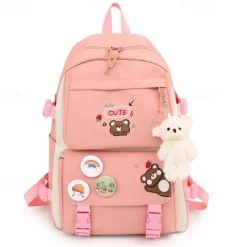 Girls 5-in-1 Cute Bear Backpack Set – Pink School Bag with Tote, Crossbody Pouch, Drawstring Bag and Pencil Case for Elementary and Middle School Students