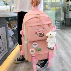 Girls 5-in-1 Cute Bear Backpack Set – Pink School Bag with Tote, Crossbody Pouch, Drawstring Bag and Pencil Case for Elementary and Middle School Students
