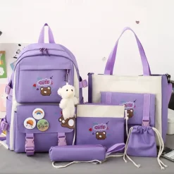 Girls 5-in-1 Cute Bear Backpack Set – Pink School Bag with Tote, Crossbody Pouch, Drawstring Bag and Pencil Case for Elementary and Middle School Students