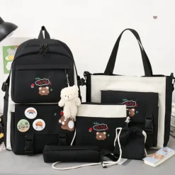 Girls 5-in-1 Cute Bear Backpack Set – Pink School Bag with Tote, Crossbody Pouch, Drawstring Bag and Pencil Case for Elementary and Middle School Students