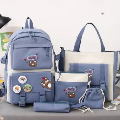 Girls 5-in-1 Cute Bear Backpack Set – Pink School Bag with Tote, Crossbody Pouch, Drawstring Bag and Pencil Case for Elementary and Middle School Students