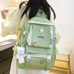 Girls 5-in-1 Green Backpack Set with Cute Accessories – Lightweight School Bag with Tote, Pencil Case and Drawstring Pouch for Teen Students and Daily Use