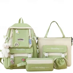 Girls 5-in-1 Green Backpack Set with Cute Accessories – Lightweight School Bag with Tote, Pencil Case and Drawstring Pouch for Teen Students and Daily Use