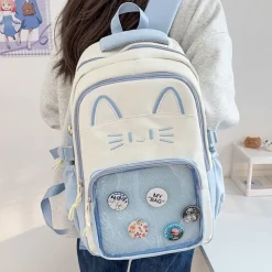 Girls' Kawaii Cat Ear Backpack – Cute Pink School Bag with Clear Display Pocket and Cartoon Pins for Teens and Kids