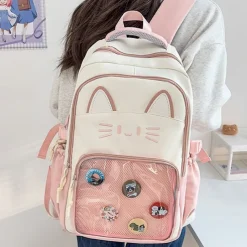 Girls' Kawaii Cat Ear Backpack – Cute Pink School Bag with Clear Display Pocket and Cartoon Pins for Teens and Kids