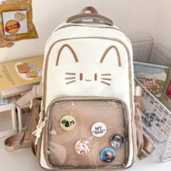 Girls' Kawaii Cat Ear Backpack – Cute Pink School Bag with Clear Display Pocket and Cartoon Pins for Teens and Kids