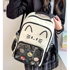 Girls' Kawaii Cat Ear Backpack – Cute Pink School Bag with Clear Display Pocket and Cartoon Pins for Teens and Kids
