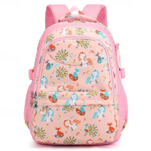 Girls' Pink Cartoon Backpack – Waterproof School Bag with Unicorn and Animal Print for Kindergarten and Elementary Kids