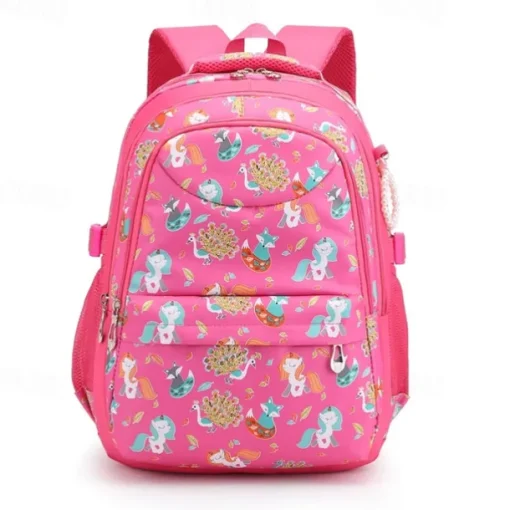 Girls' Pink Cartoon Backpack – Waterproof School Bag with Unicorn and Animal Print for Kindergarten and Elementary Kids