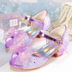Girls' Pink Glitter Party Shoes – Peep-Toe Design, Bow and Rhinestone Decoration, Adjustable Strap, Perfect for Weddings and Special Occasions