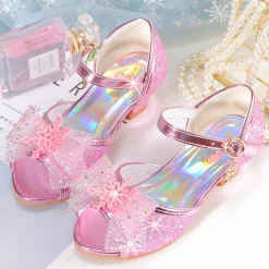Girls' Pink Glitter Party Shoes – Peep-Toe Design, Bow and Rhinestone Decoration, Adjustable Strap, Perfect for Weddings and Special Occasions