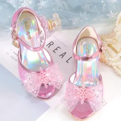 Girls' Pink Glitter Party Shoes – Peep-Toe Design, Bow and Rhinestone Decoration, Adjustable Strap, Perfect for Weddings and Special Occasions