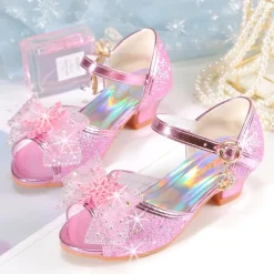 Girls' Pink Glitter Party Shoes – Peep-Toe Design, Bow and Rhinestone Decoration, Adjustable Strap, Perfect for Weddings and Special Occasions