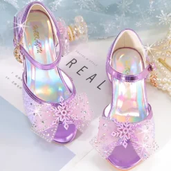 Girls' Pink Glitter Party Shoes – Peep-Toe Design, Bow and Rhinestone Decoration, Adjustable Strap, Perfect for Weddings and Special Occasions
