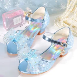 Girls' Pink Glitter Party Shoes – Peep-Toe Design, Bow and Rhinestone Decoration, Adjustable Strap, Perfect for Weddings and Special Occasions