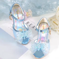 Girls' Pink Glitter Party Shoes – Peep-Toe Design, Bow and Rhinestone Decoration, Adjustable Strap, Perfect for Weddings and Special Occasions