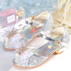 Girls' Pink Glitter Party Shoes – Peep-Toe Design, Bow and Rhinestone Decoration, Adjustable Strap, Perfect for Weddings and Special Occasions